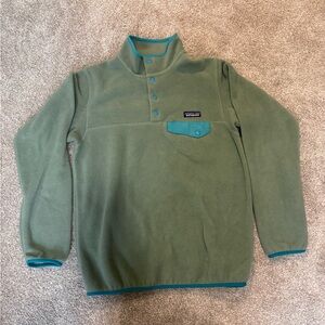 Patagonia Olive Green Synchilla Fleece with Teal and Orange Accents